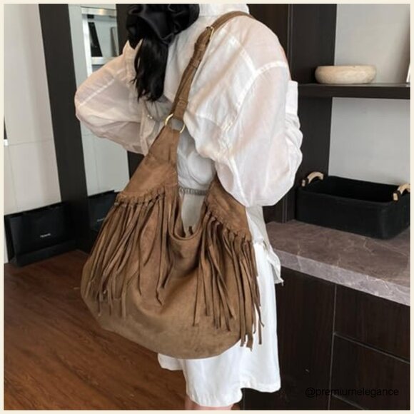 Vintage Suede Fringe Hobo Bag Crossbody Tote Adjustable Strap Large Capacity - Picture 3 of 7